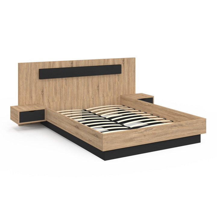 Letto matrimoniale 140x190 cm con testiera in legno e comodini sospesi neri - SANTA