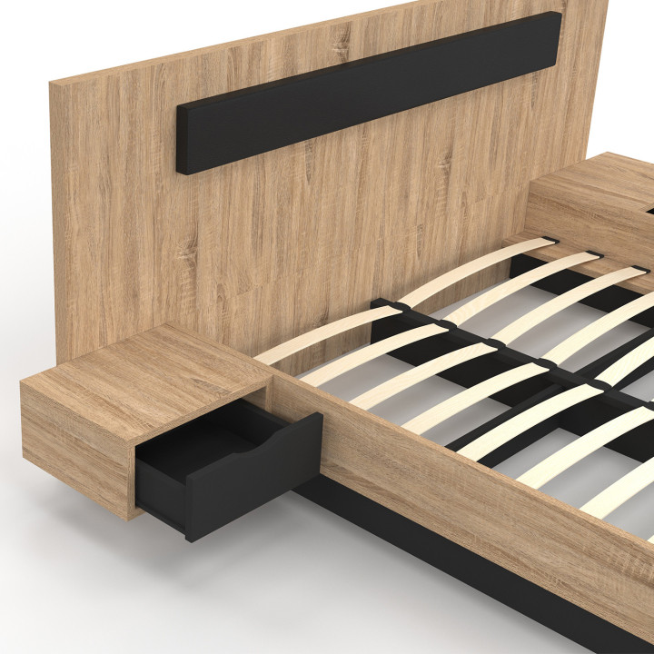 Letto matrimoniale 140x190 cm con testiera in legno e comodini sospesi neri - SANTA