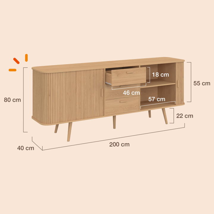 Sideboard 200 cm ROMIE XXL Latteneffekt 2 Schiebetüren und 3 Schubladen