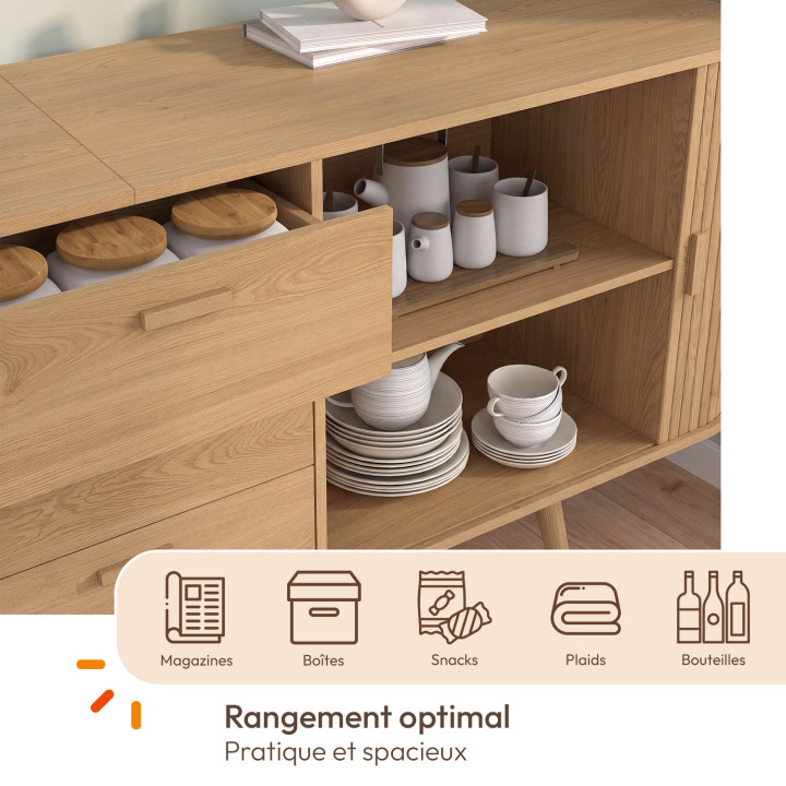 ROMIE XXL 200 cm dressoir met latteneffect, 2 schuifdeuren en 3 laden