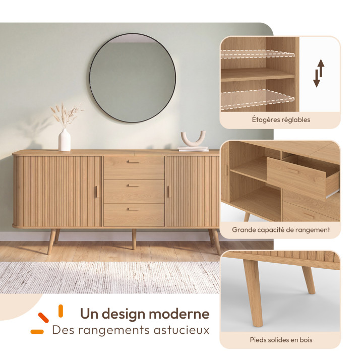 ROMIE XXL 200 cm dressoir met latteneffect, 2 schuifdeuren en 3 laden