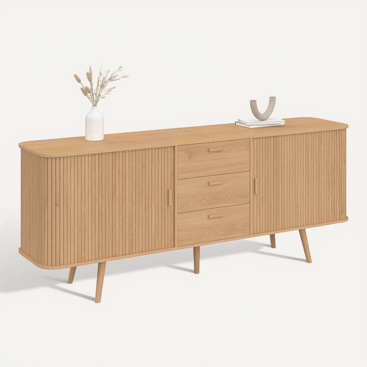 Aparador ROMIE XXL 200 cm efecto listones, 2 puertas correderas y 3 cajones
