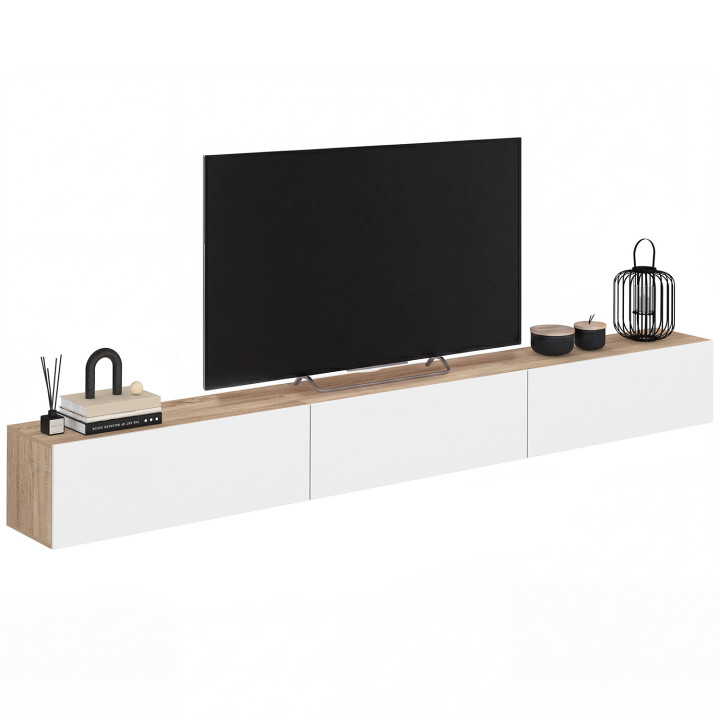 300 cm breiter, hängender TV-Schrank mit 3 Türen, Holz und Weiß – ELIO