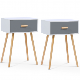 13063 - Set van 2 witte en grijze houten nachtkastjes Lot de 2 tables de chevet EIYA scandinaves en bois blanc et gris