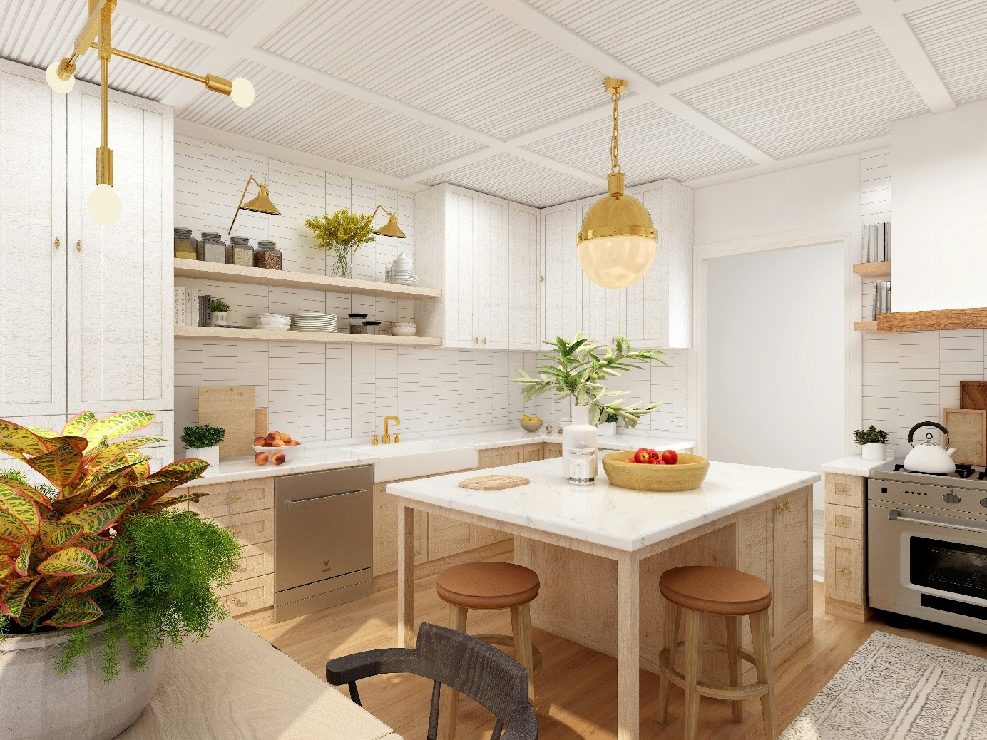 Cuisine blanche et bois, avec îlot central et tabourets autour, plan de travail effet marbre
