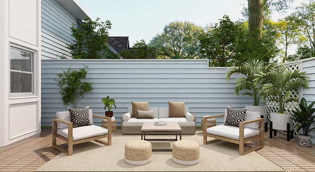 Un salon de jardin aux teintes naturelles sur une terrasse ensoleillée