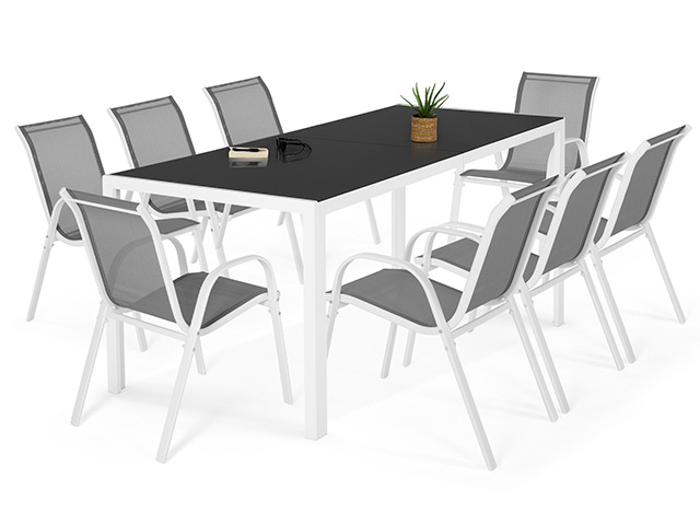 Table de jardin structure blanche et plateau gris et ses 8 chaises blanches et grises