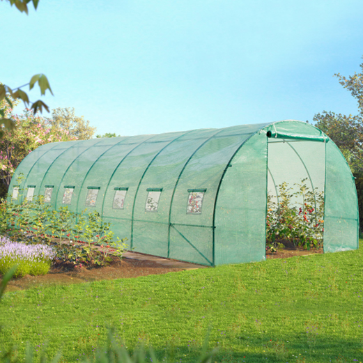 Une serre tunnel de 8 m de long abritant un potager