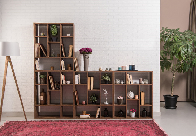 Bibliothèques en bois foncé, avec des cases de différentes dimensions devant un tapis rouge