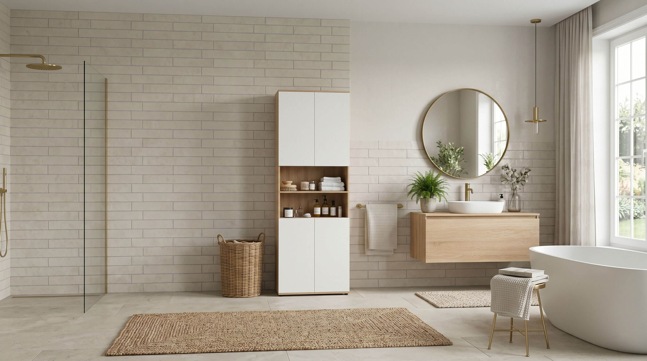 Meuble armoire colonne salle de bain TOMI 4 portes 2 niches façon hêtre et blanc