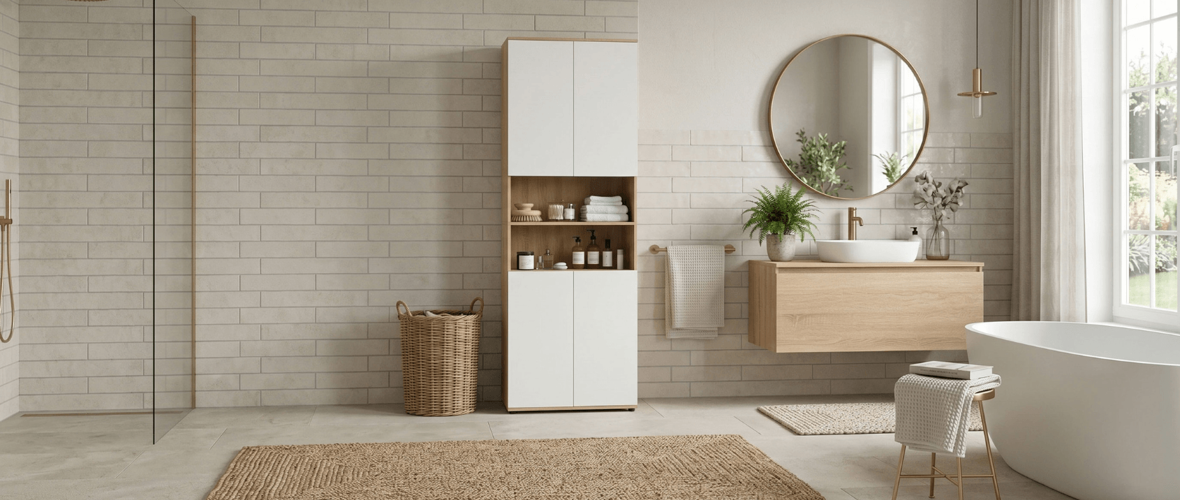 Meuble armoire colonne salle de bain TOMI 4 portes 2 niches façon hêtre et blanc