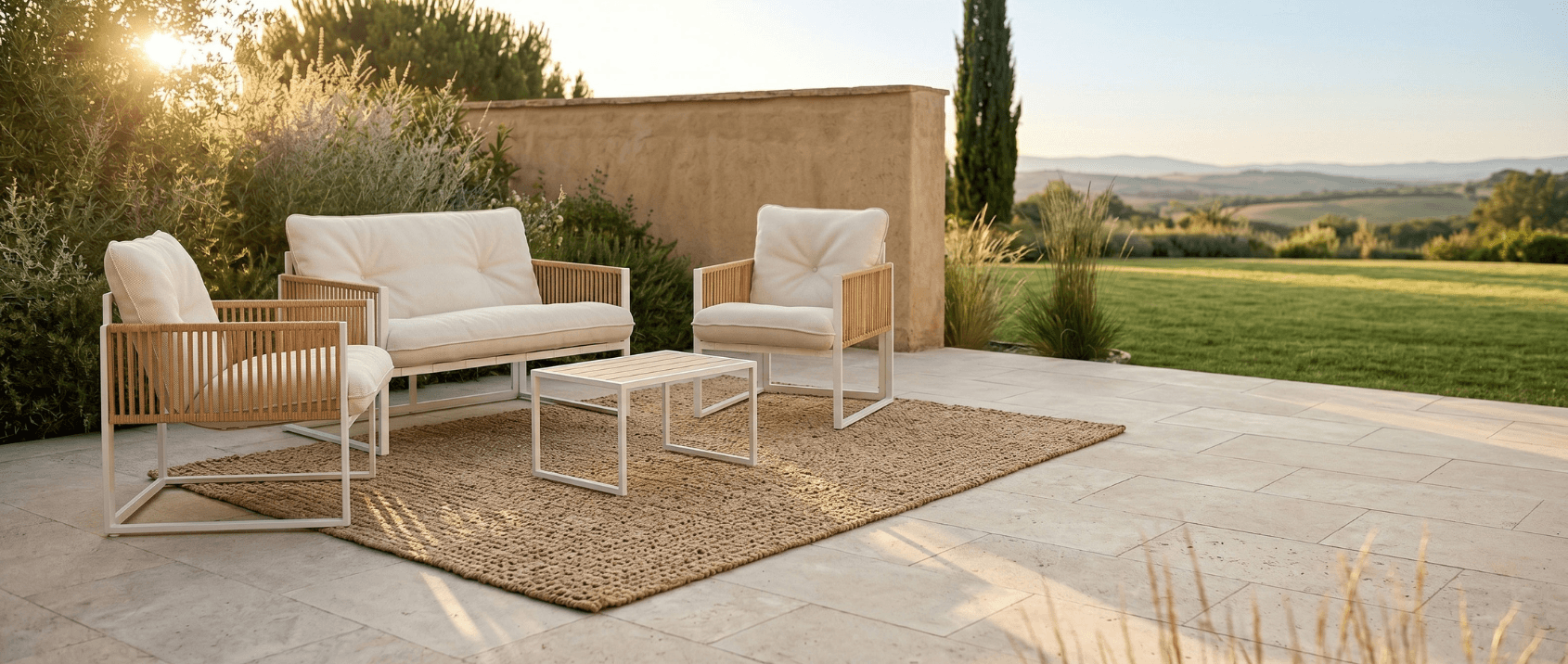 Salon de jardin bas RIO 4 places structure métal blanc, cordage effet rotin clair et coussins beiges