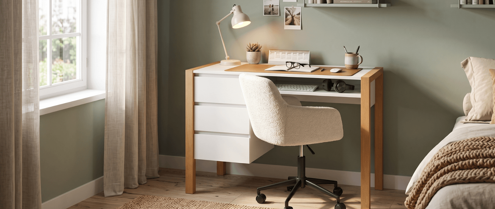 Bureau scandinave HUGO avec 3 tiroirs et niche blanc et bois