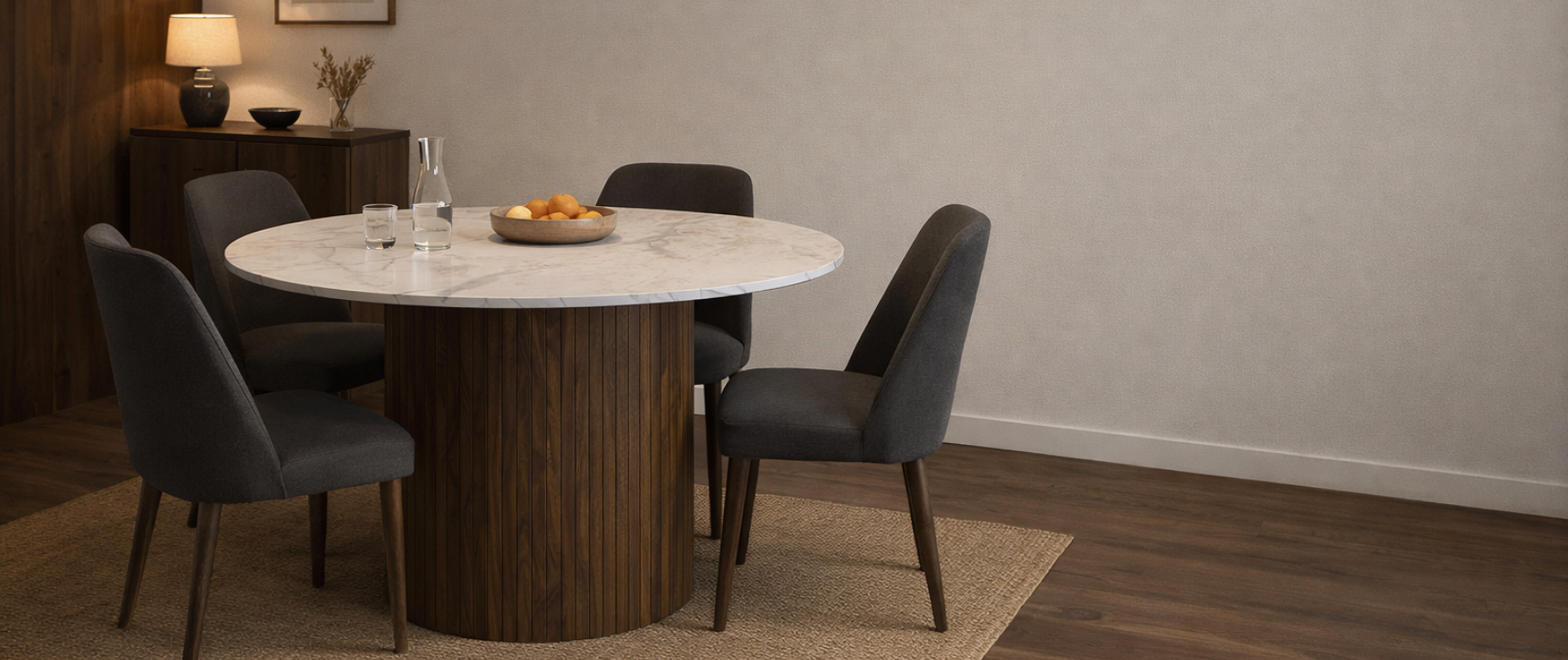 Table à manger ronde JULIETTE 6 personnes pied central effet lattes noyer et plateau effet marbre blanc ALASKA 110 cm