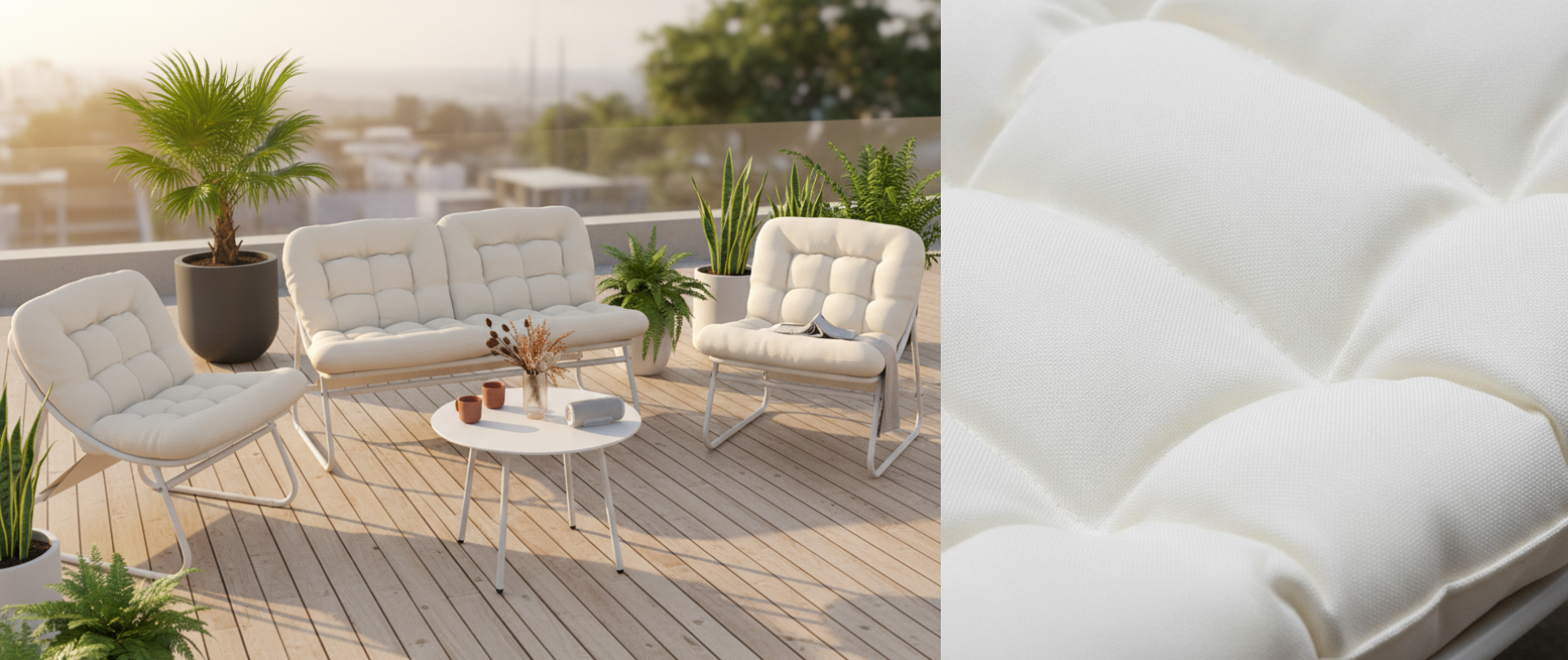 Salon de jardin ARONA bas 4 places en métal blanc et coussins beiges avec canapé, fauteuils et table