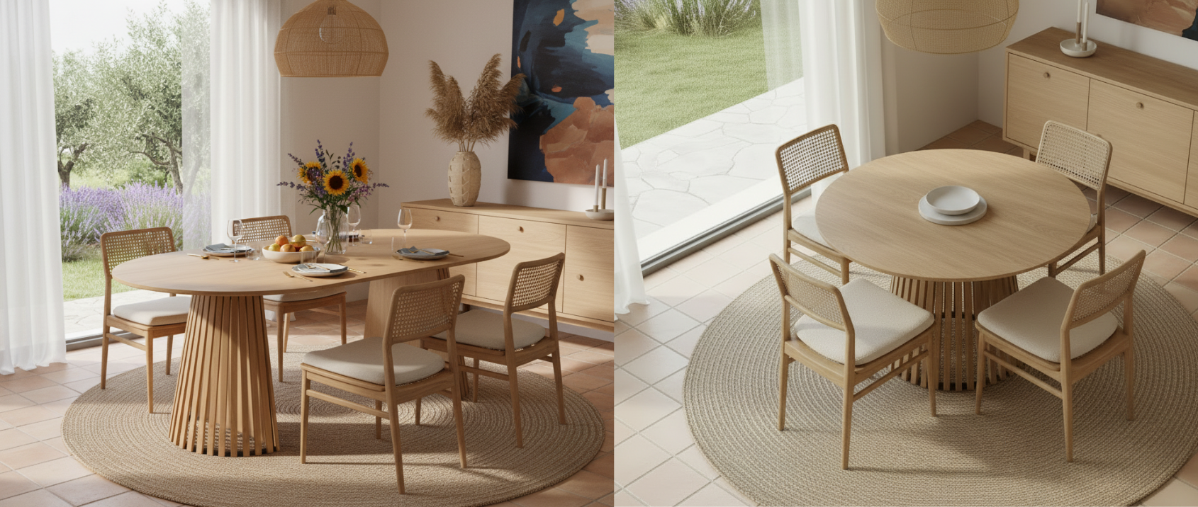 Table à manger extensible ronde CARMEN 4-10 personnes pied bois en lattes et plateau bois 110-200 cm