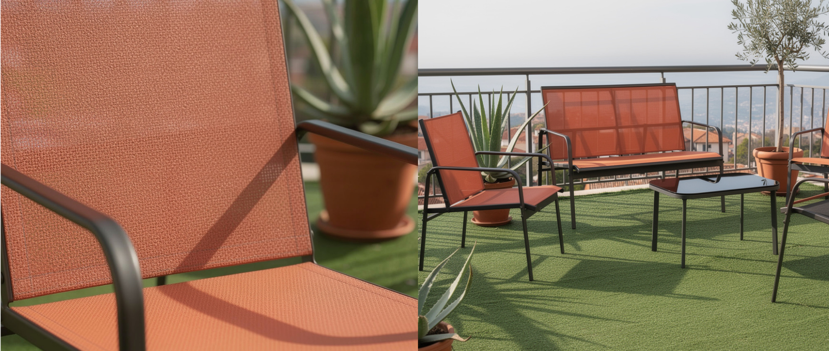 Salon de jardin bas TOLEDE 4 places avec canapé, fauteuils et table terracotta