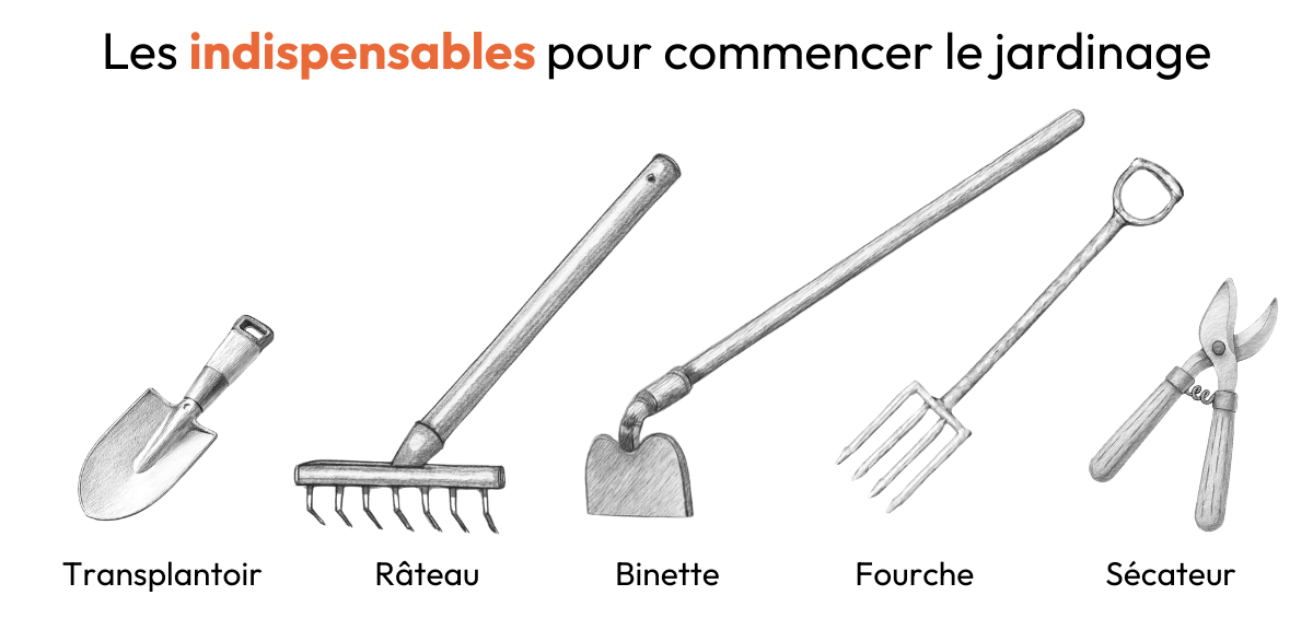 Équipements de jardinage indispensables pour jardinage débutant : transplantoir, râteau, binette, fourche et sécateur.