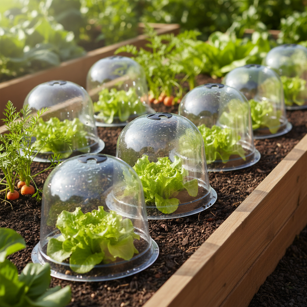 Cloches de protection pour jeunes plants et salades dans un carré potager