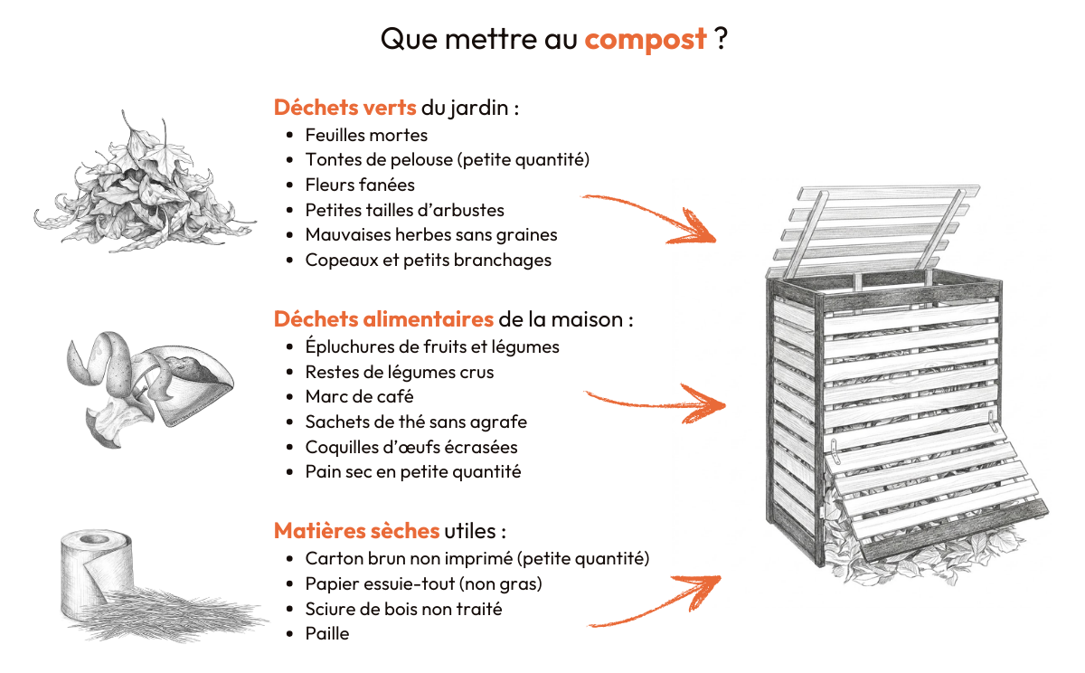 Déchets verts, alimentaires et matières sèches autorisés au compostage dans un bac à compost de jardin