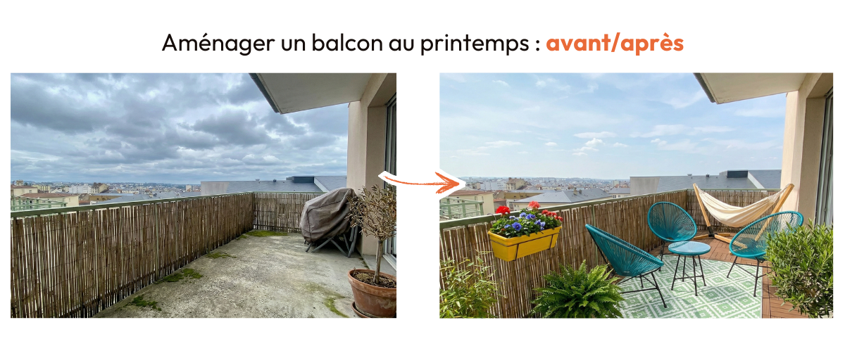 Avant / après d’un aménagement de balcon avec du mobilier extérieur et des plantes pour les beaux jours