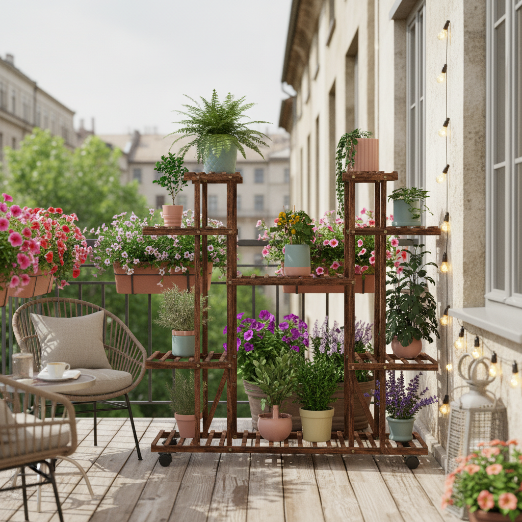 Balcon cosy aménagé avec fauteuils, plantes murales et guirlande lumineuse