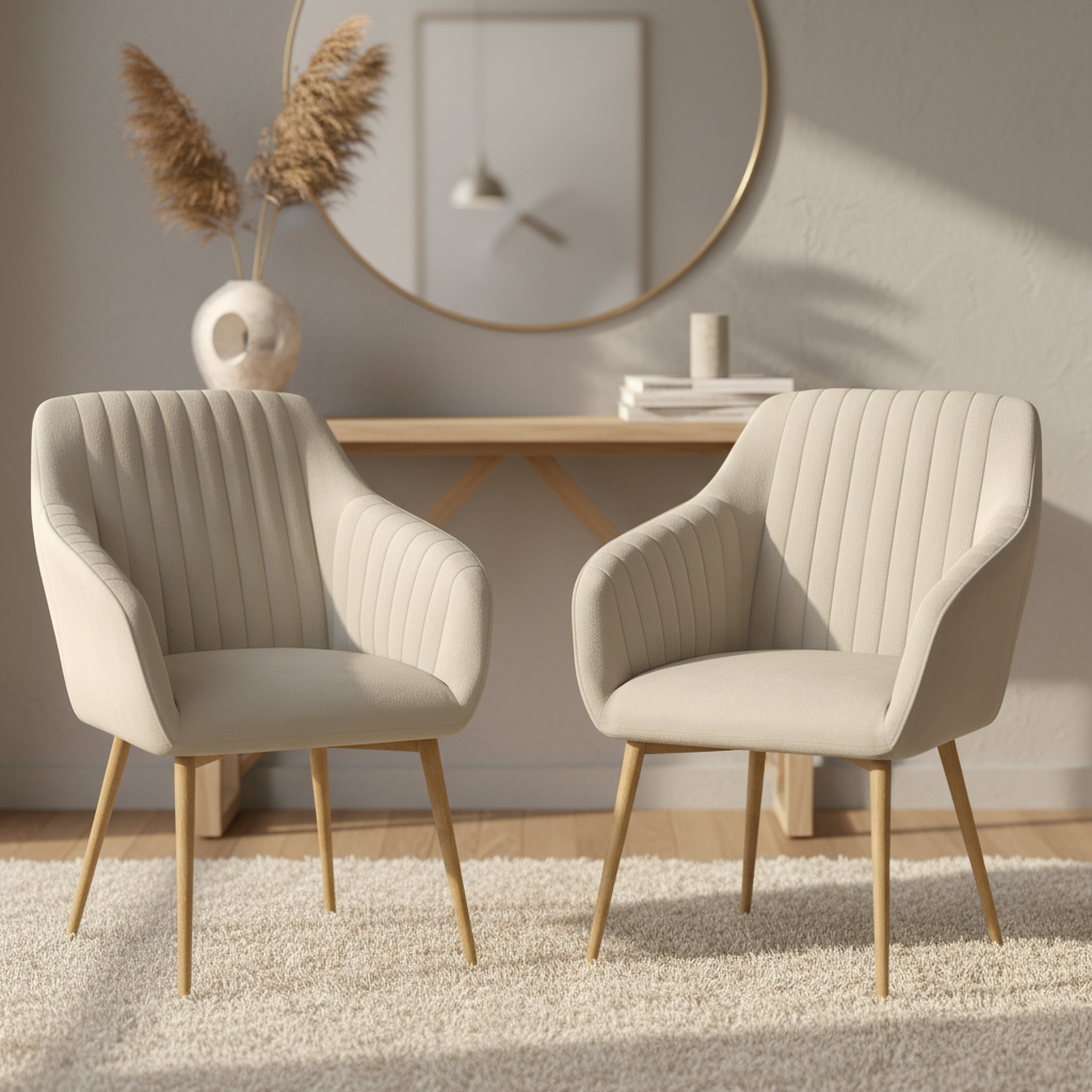 Fauteuils beiges et design avec pieds en bois dans une décoration intérieure chaleureuse.