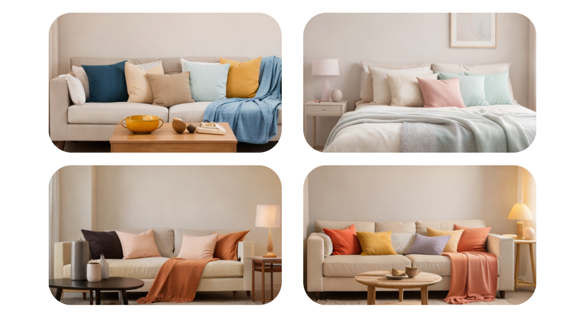 Salon et chambre avec canapé ou lit beige et coussins colorés illustrant différentes palettes de décoration intérieure.