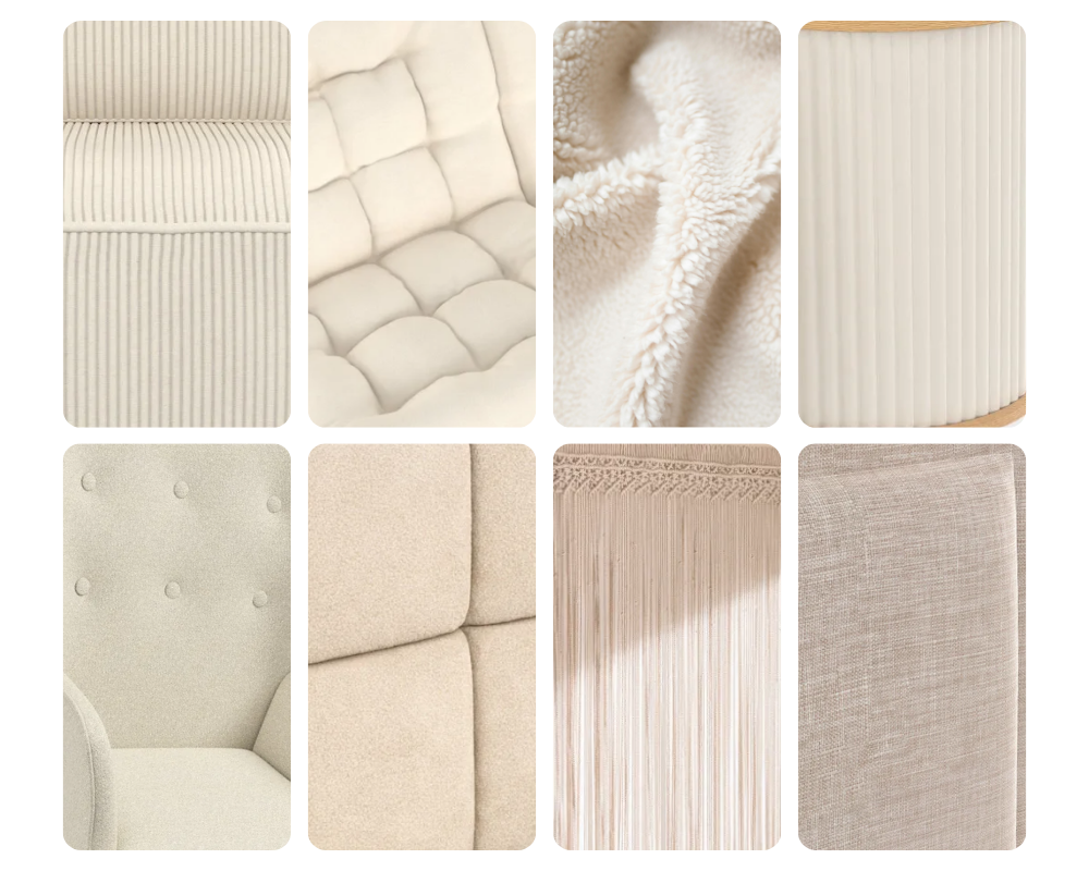 Textures et matières beige pour une décoration intérieure chaleureuse.