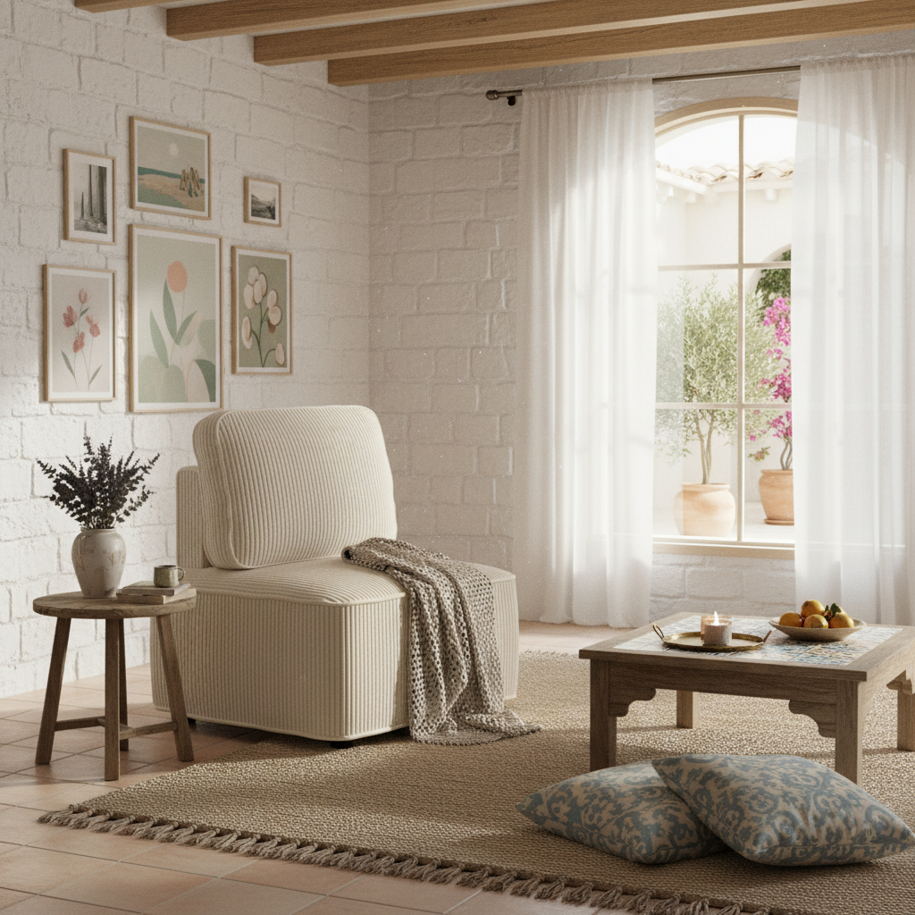 Salon en dominante beige avec un fauteuil en tissu côtelé, un tapis naturel et du mobilier en bois pour une ambiance chaleureuse.