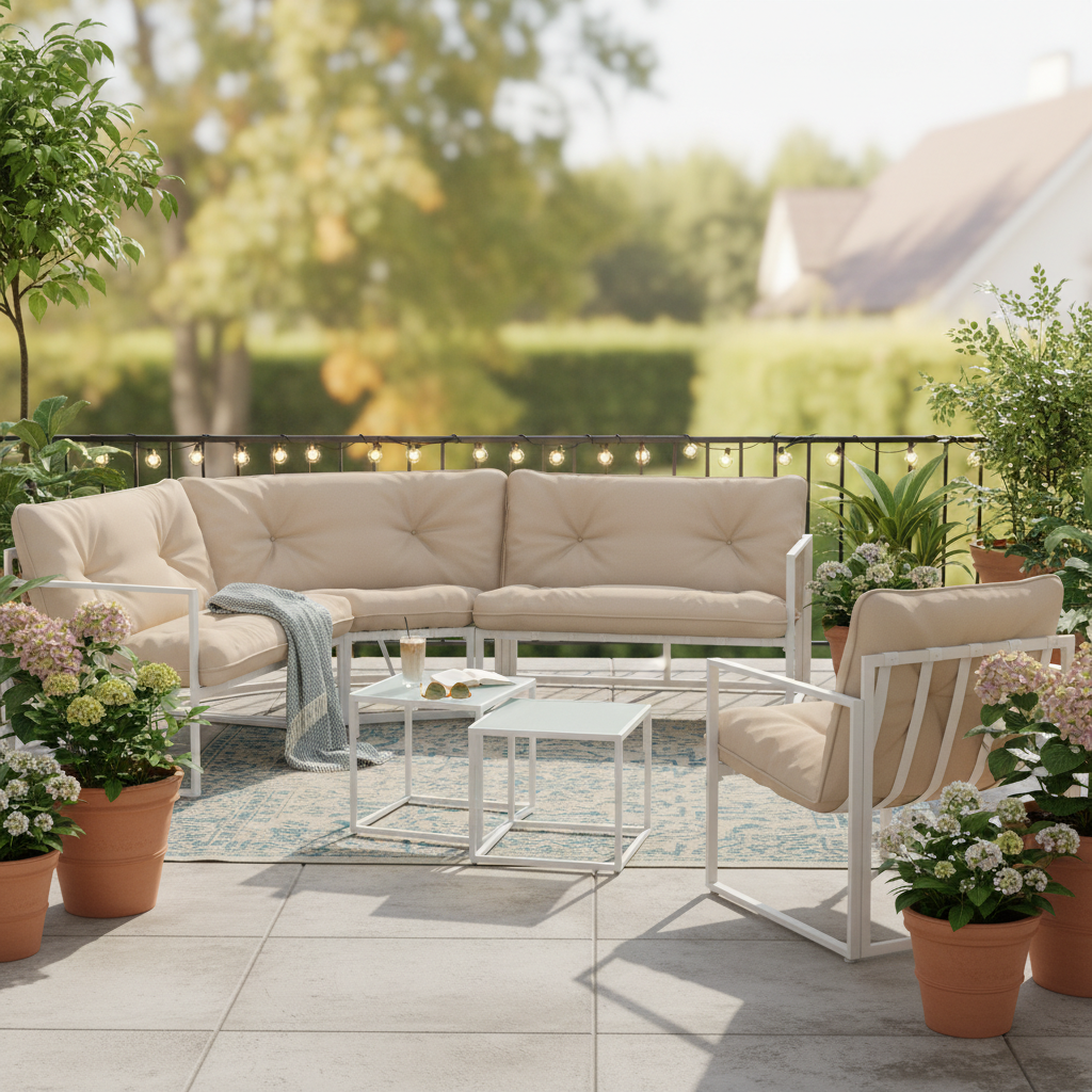Salon de jardin avec coussins beiges sur une terrasse aménagée avec plantes et mobilier extérieur.
