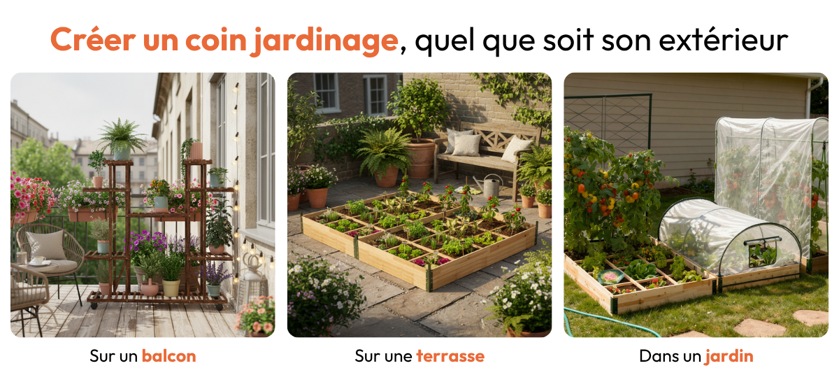 Espace jardinage sur balcon, terrasse ou jardin avec bacs potagers, étagères, serres et aménagement extérieur.