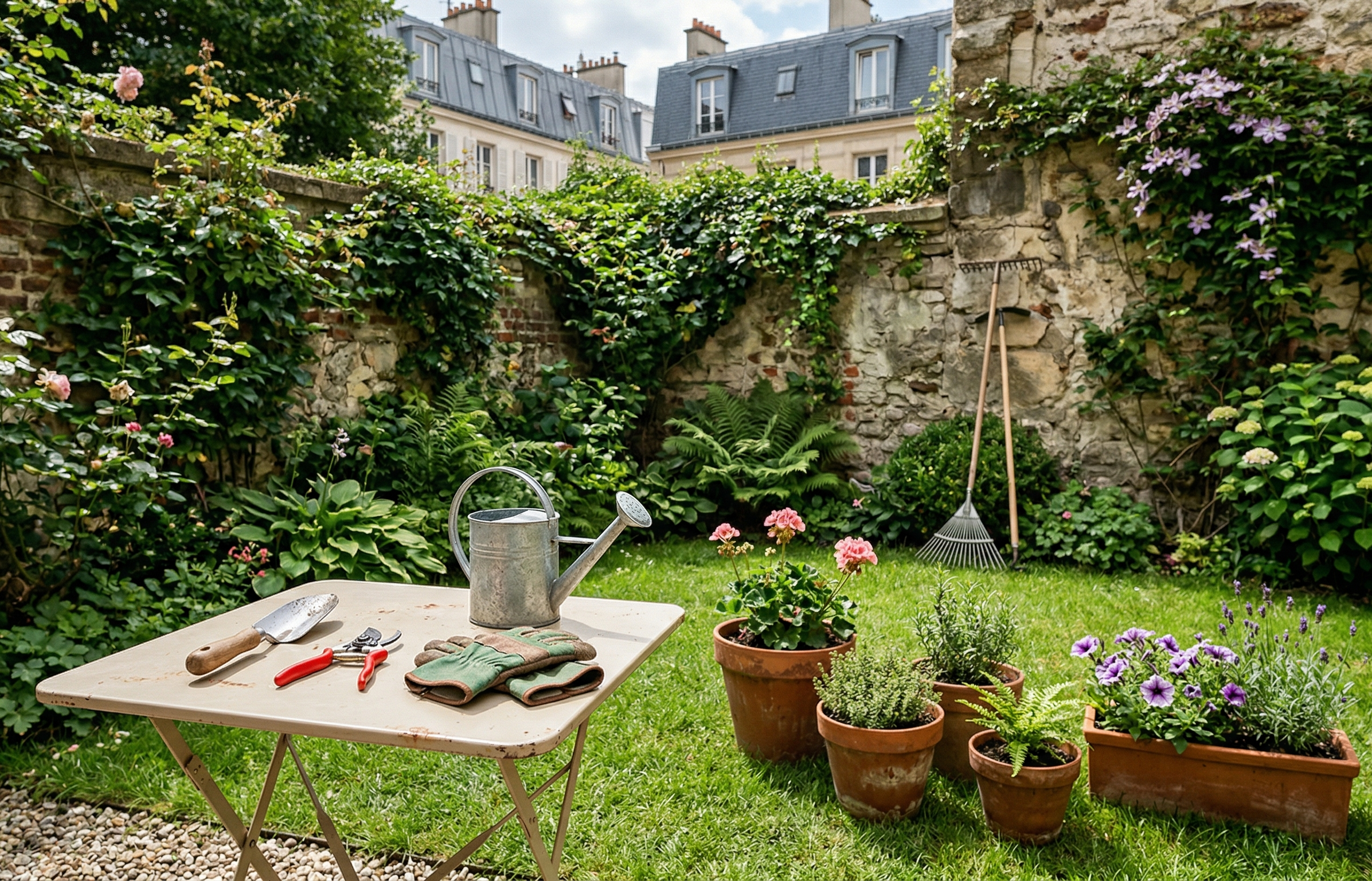 Espace jardinage avec outils, pots et plantes dans un jardin urbain