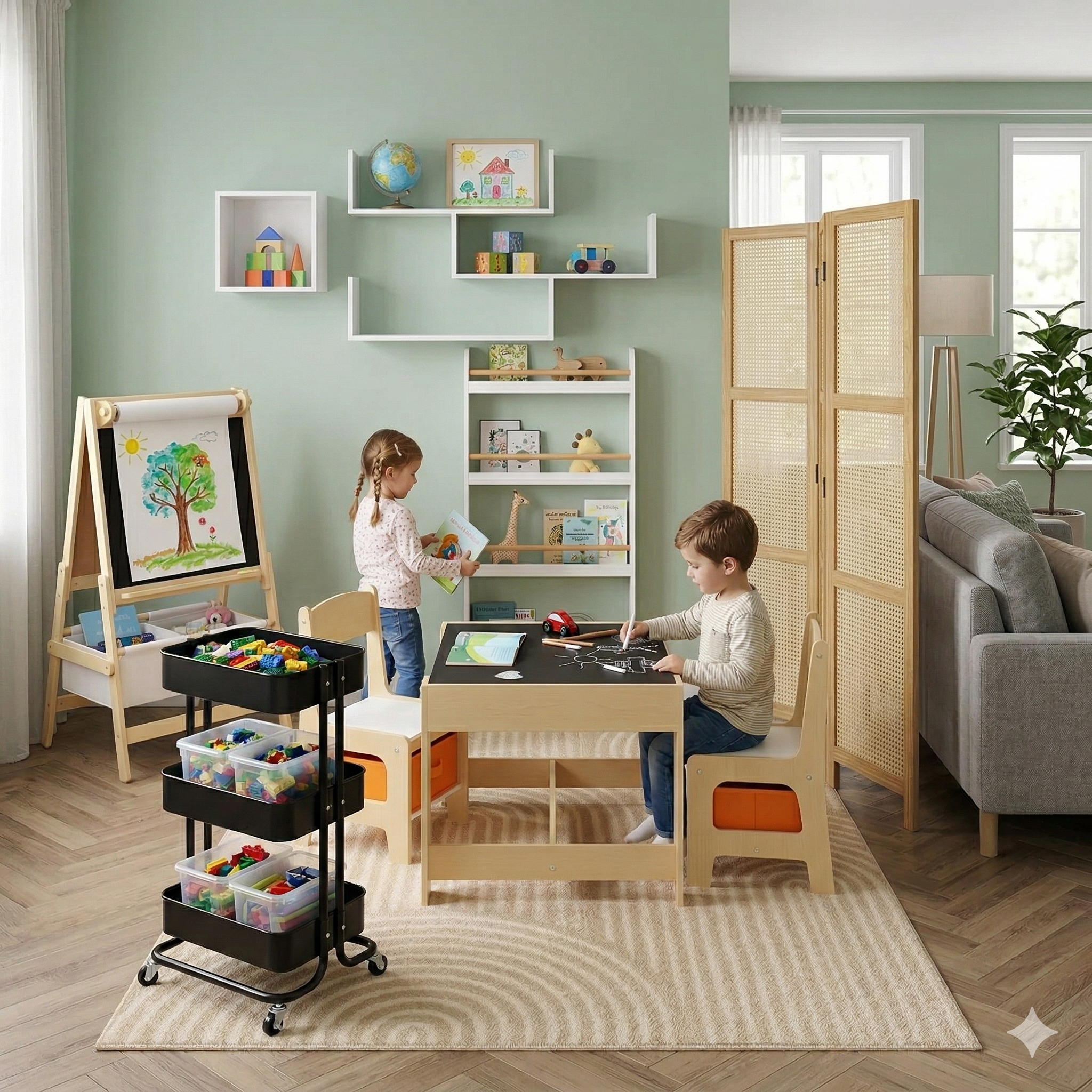 Coin jeux enfant dans un salon avec table d’activités, rangements pour jouets et espace ludique aménagé à la maison