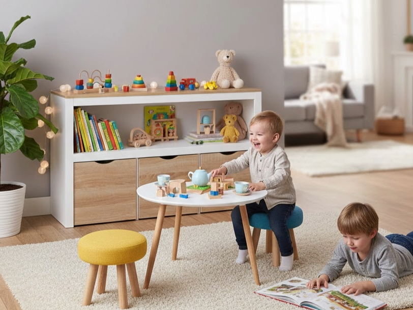 Coin jeux enfant dans le salon avec meuble de rangement, table et tapis confortable