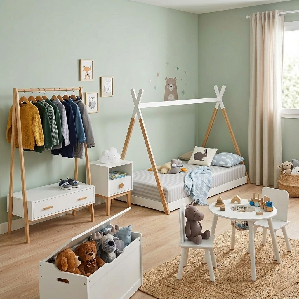 Chambre enfant avec coin jeux, rangements pour jouets et mobilier pratique
