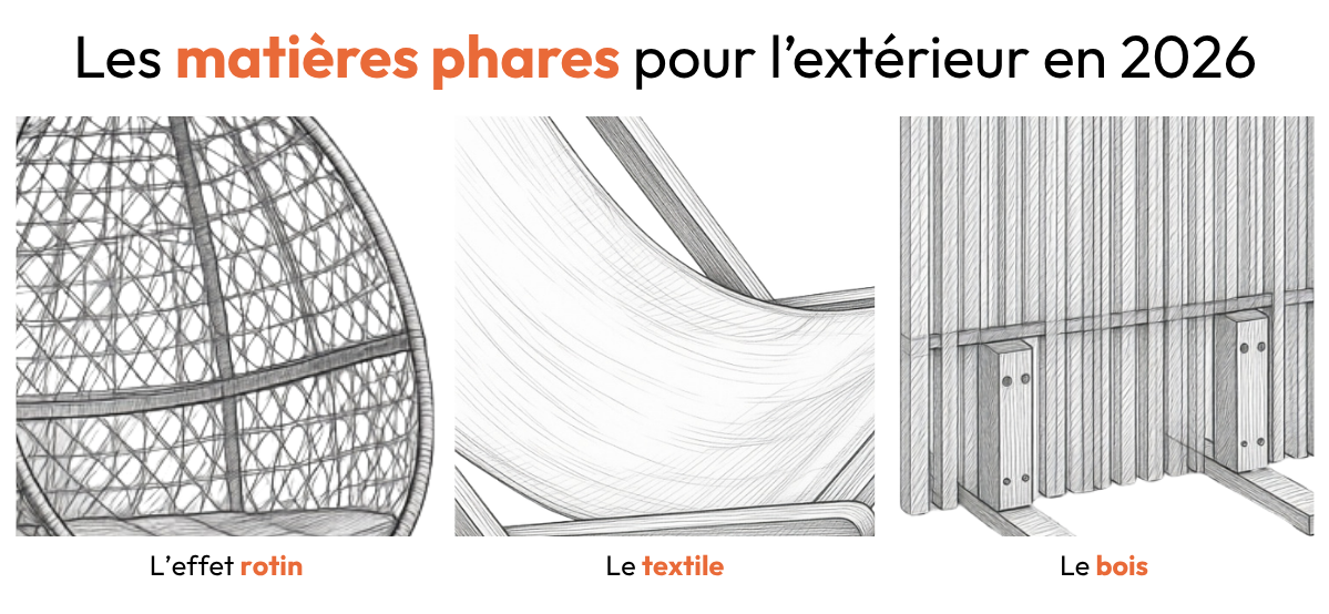 Matières tendance extérieur 2026 avec mobilier effet rotin, textile outdoor et bois naturel pour terrasse et jardin