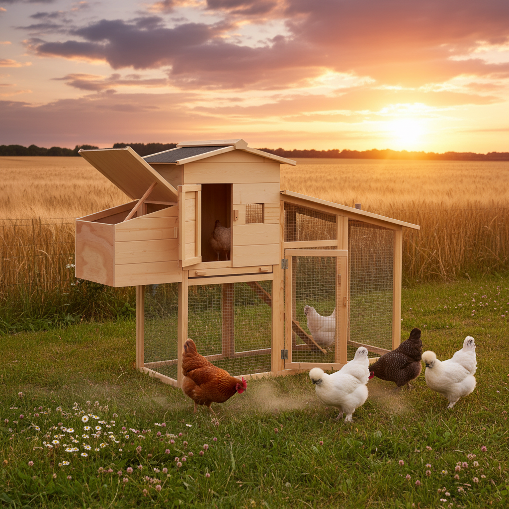 Poulailler en bois avec enclos grillagé dans un jardin