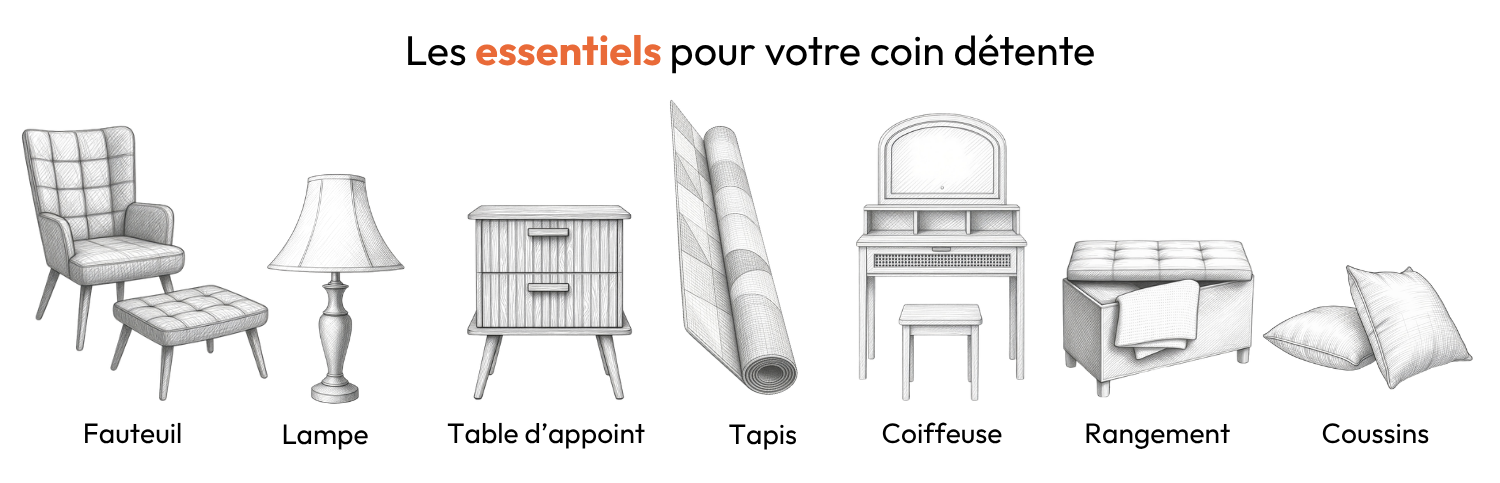 Essentiels pour créer un coin détente à la maison avec fauteuil, lampe, table d’appoint, tapis, coiffeuse, rangement et coussins