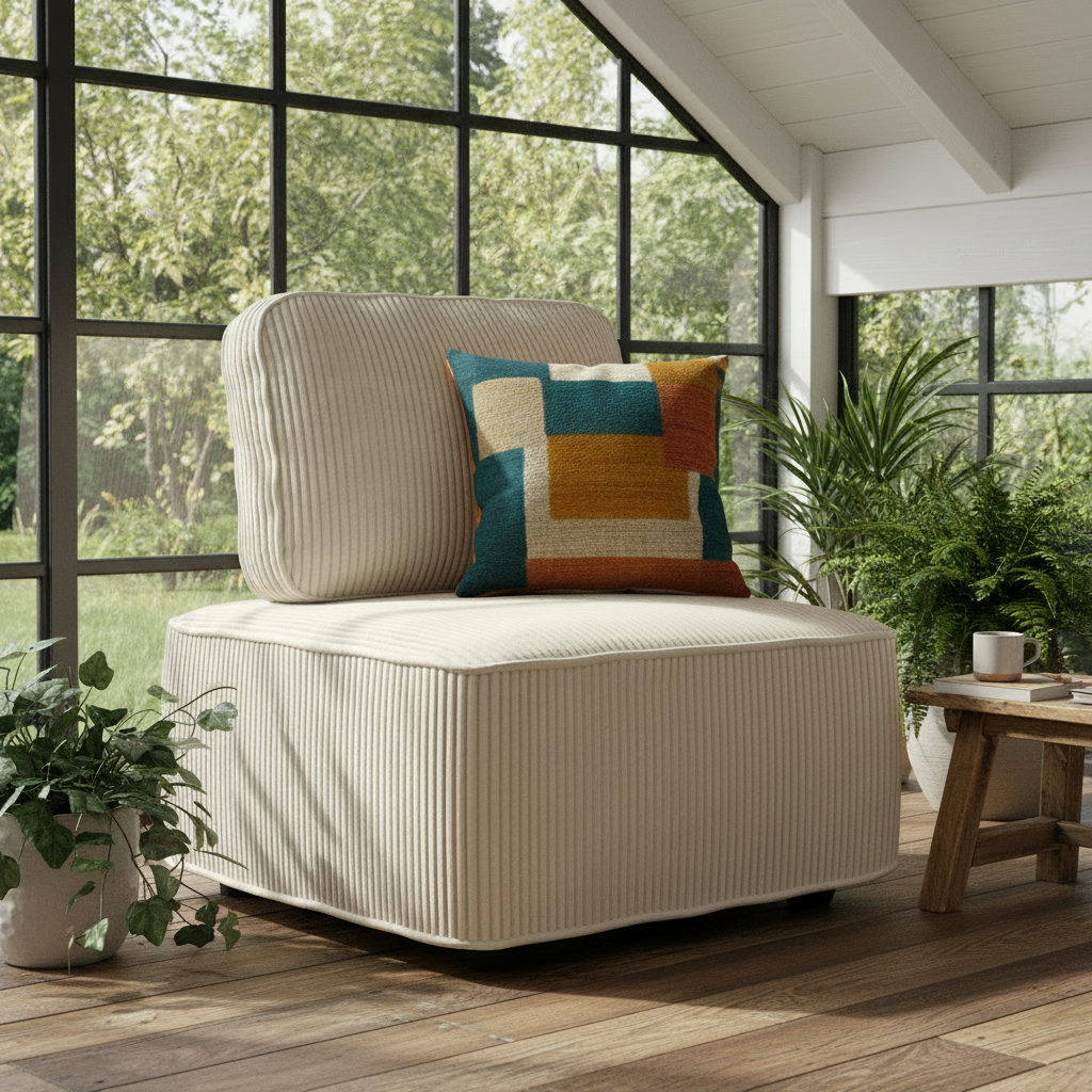 Coin détente à la maison avec fauteuil cosy, plantes vertes et petite table près d’une baie vitrée.