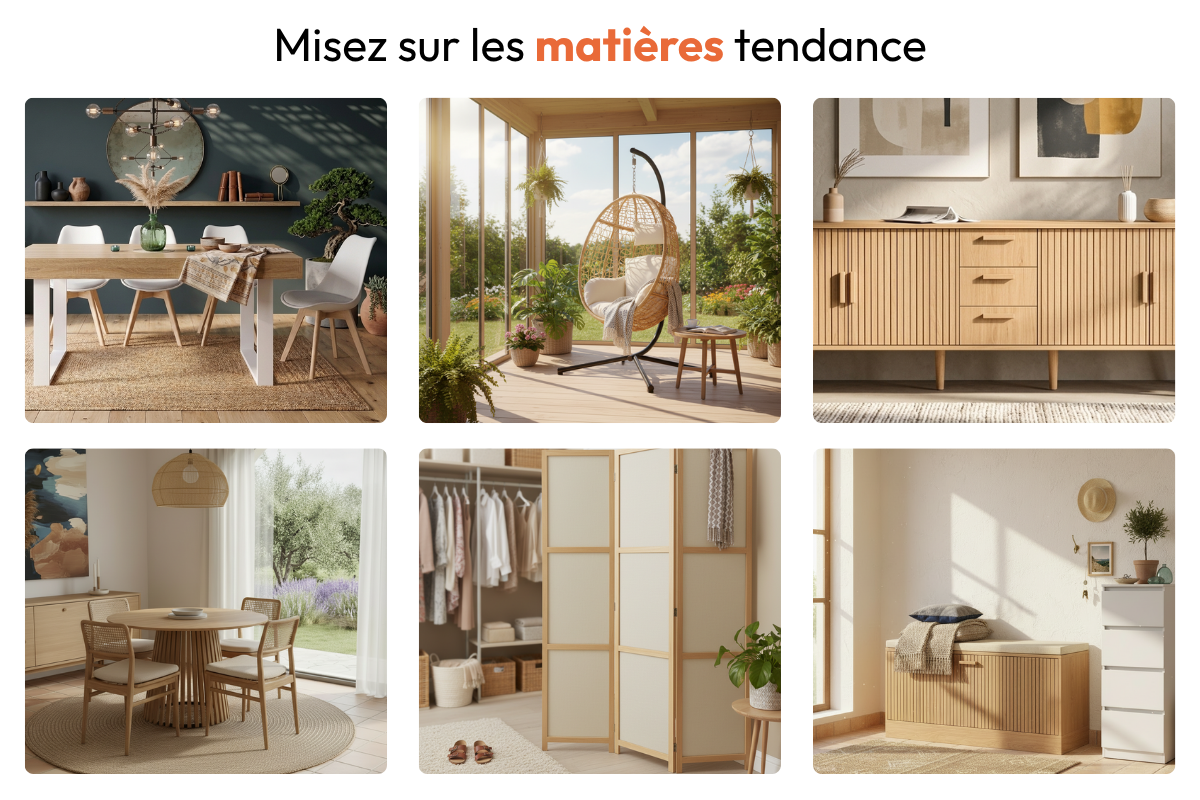 Idées déco intérieure avec matières tendance, meubles en bois, cannage, fibres naturelles et décoration chaleureuse