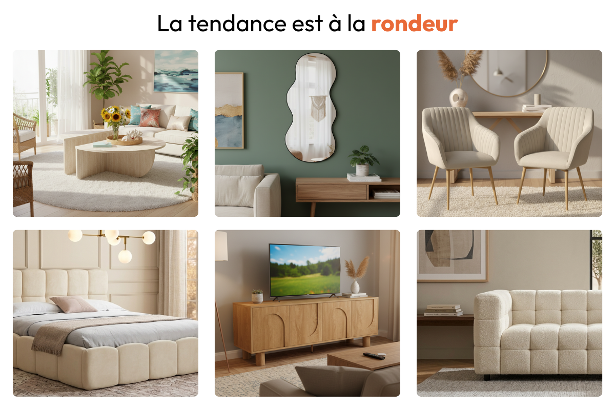 Incontournables de la déco intérieure avec table basse ronde, miroir arrondi, fauteuils et canapé aux formes douces