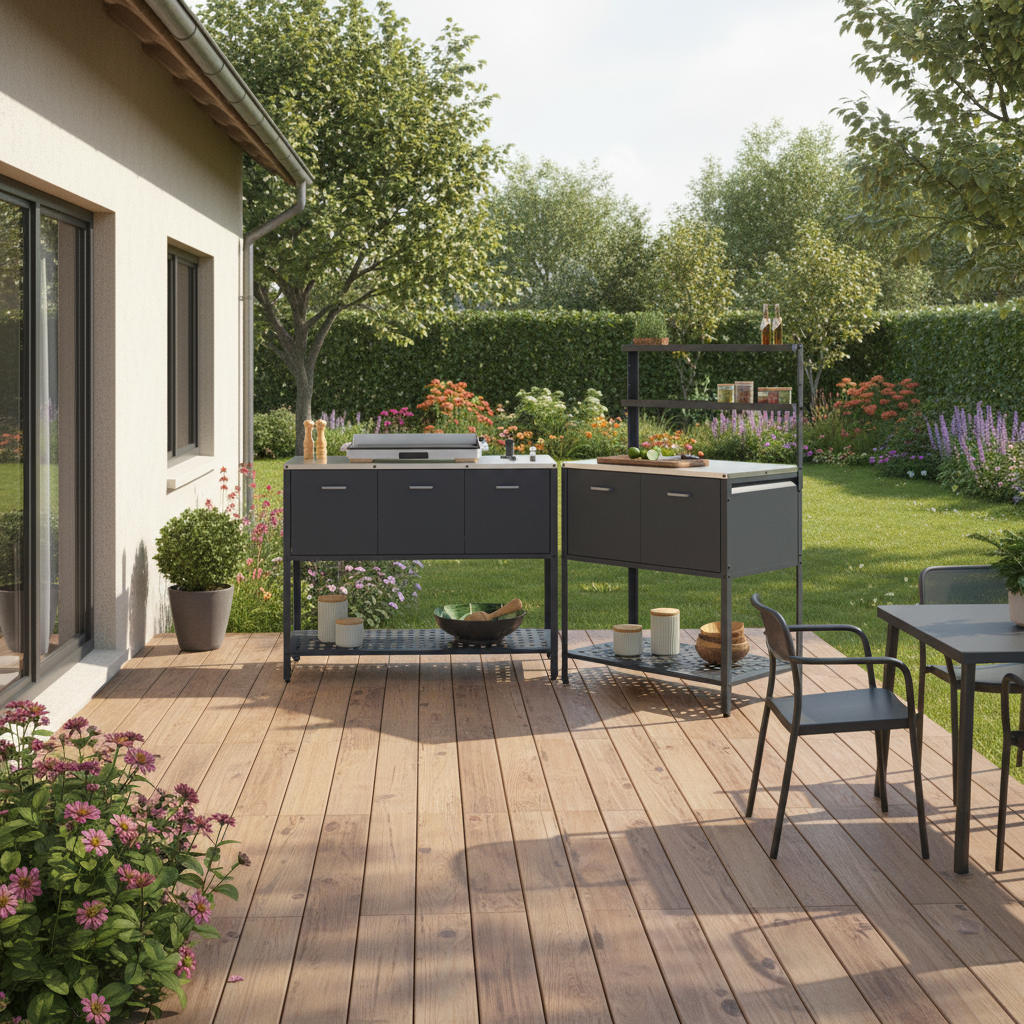 Cuisine extérieure modulable sur terrasse en bois avec mobilier outdoor et espace repas dans un jardin