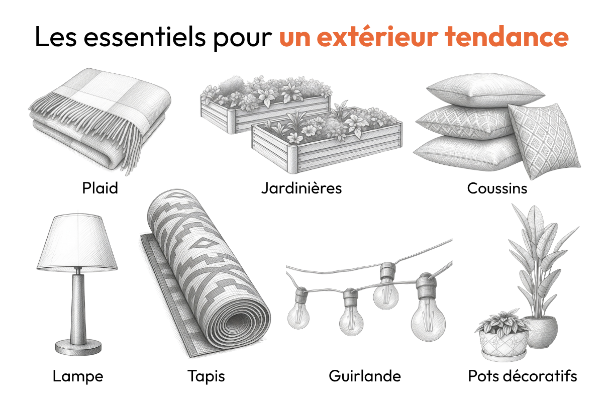 Accessoires déco extérieur tendance avec plaid, jardinières, coussins, tapis outdoor, lampe et guirlande lumineuse pour terrasse ou jardin