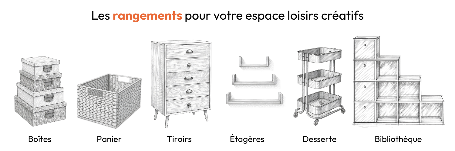 Rangements pour loisirs créatifs avec boîtes, paniers, tiroirs, étagères, desserte et bibliothèque