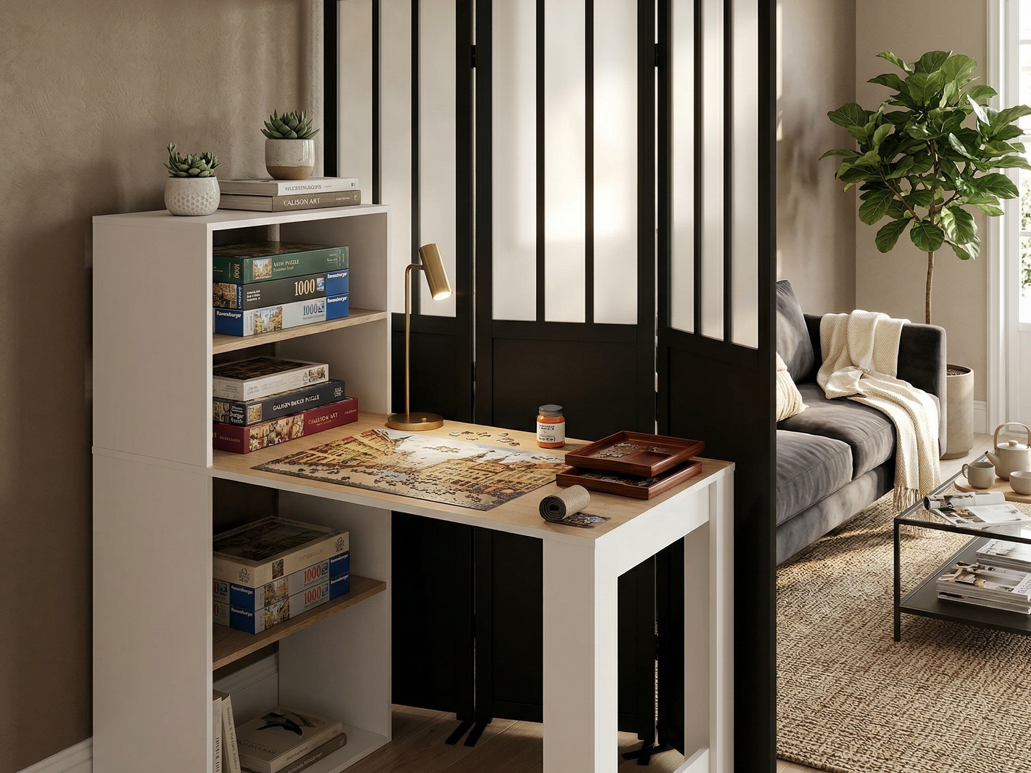 Coin loisirs créatifs dans salon avec bureau, rangement et paravent pour espace DIY modulable à la maison