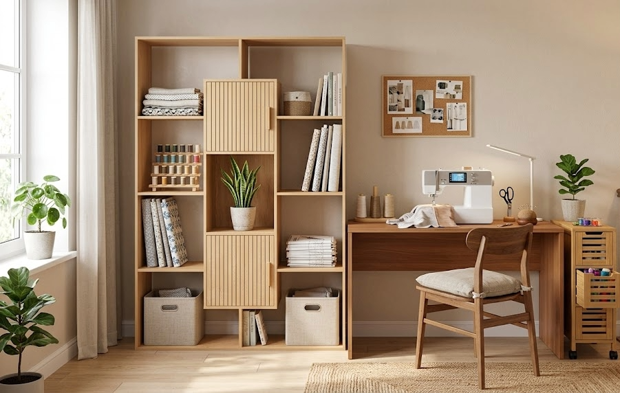 Espace loisirs créatifs avec bureau, étagères de rangement et matériel couture dans une pièce dédiée à la maison