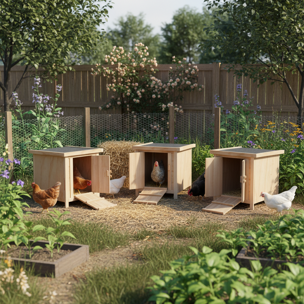 Trois petits poulaillers en bois et enclos dans un jardin avec poules