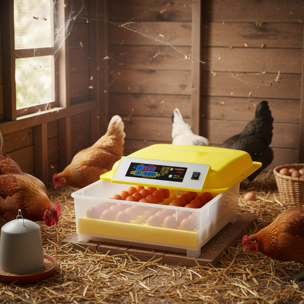 Intérieur d’un poulailler avec poules et couveuse automatique pour élevage de volailles à la maison