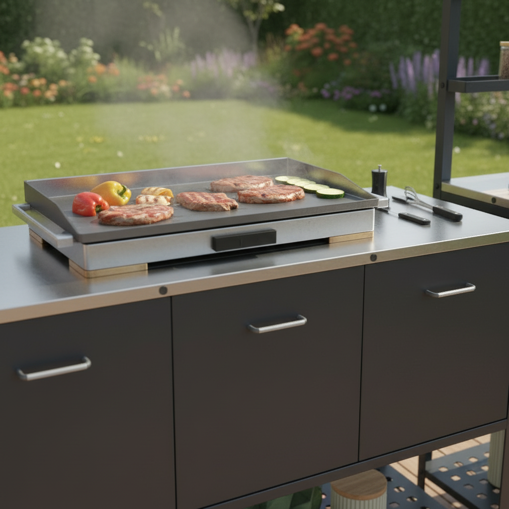 Plancha sur meuble de cuisine extérieure en acier anthracite avec rangements et espace cuisson sur terrasse